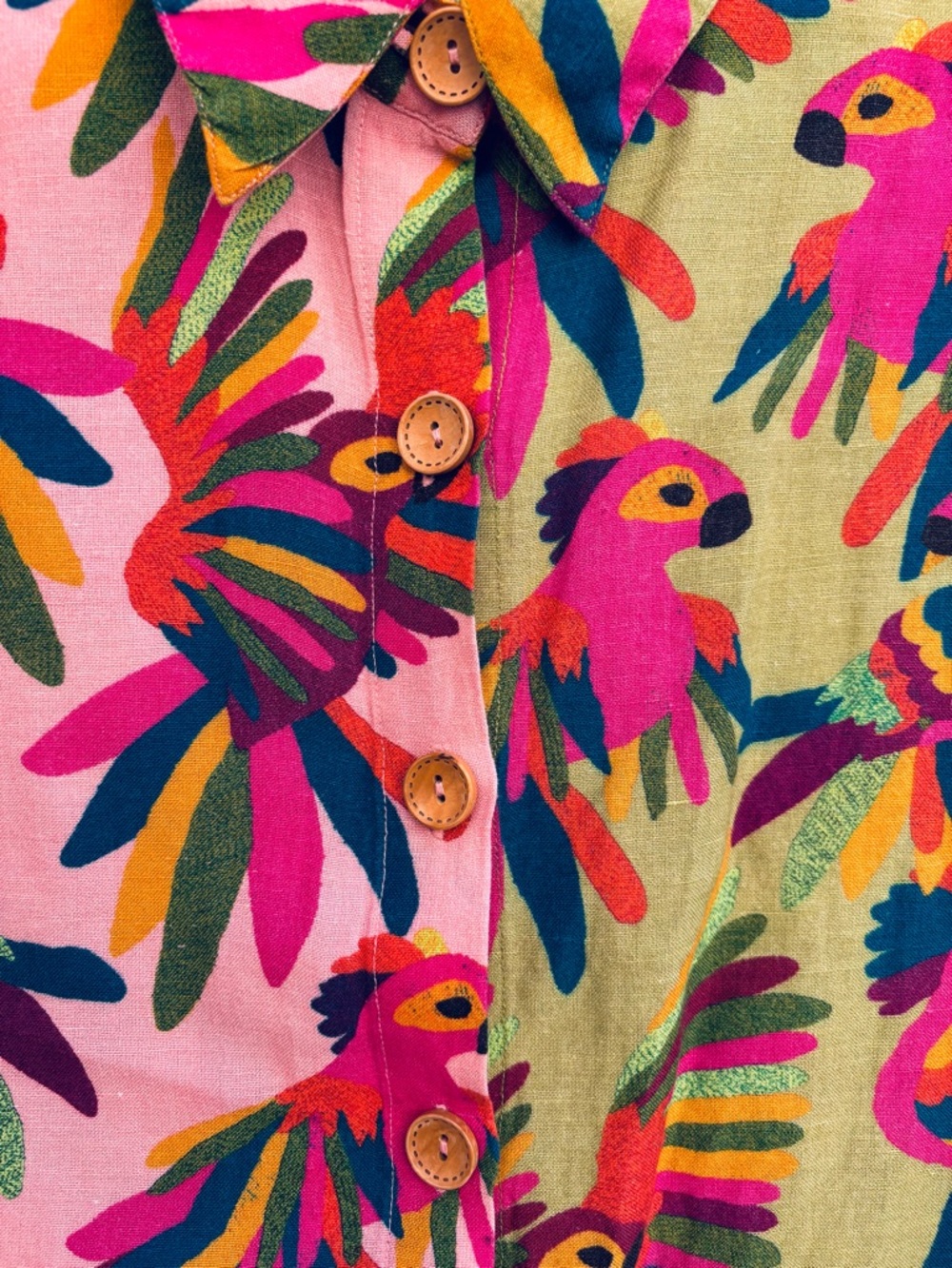FARM Rio From Anthropologie Two Tone Parrot Button Up Linen Blend Shirt - Picture 7 of 14